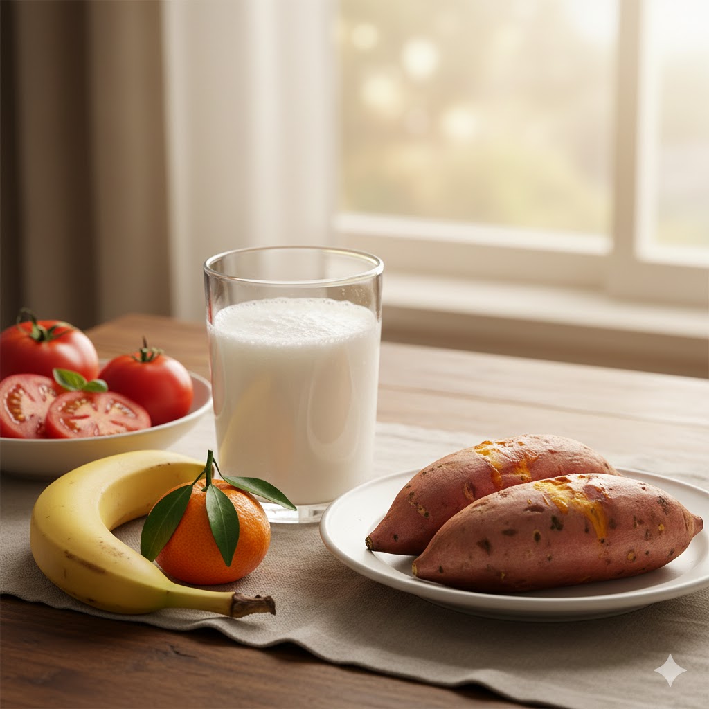 아침 공복에 피해야 할 음식인 우유, 고구마, 토마토, 바나나, 귤이 놓여 있는 식탁