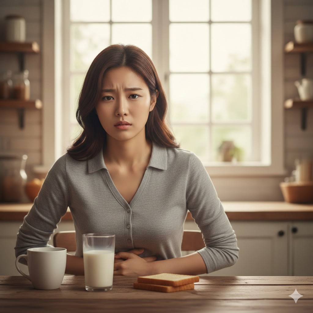 우유 잔을 앞에 두고 배가 불편한 표정을 짓는 사람의 모습