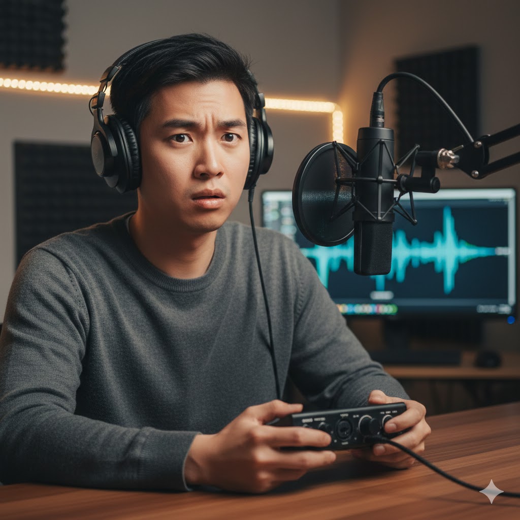 헤드셋을 끼고 녹음된 자신의 목소리를 들으며 어색한 표정을 짓고 있는 사람의 모습