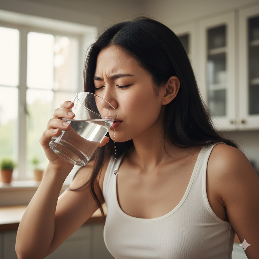 딸꾹질을 멈추기 위해 숨을 참으며 컵에 담긴 물을 조심스럽게 마시는 여성의 모습