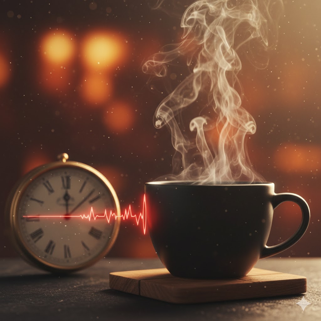 따뜻한 김이 모락모락 나는 커피 한 잔과 그 옆에 놓인 시계, 신호가 온 듯한 느낌을 시각화한 배경