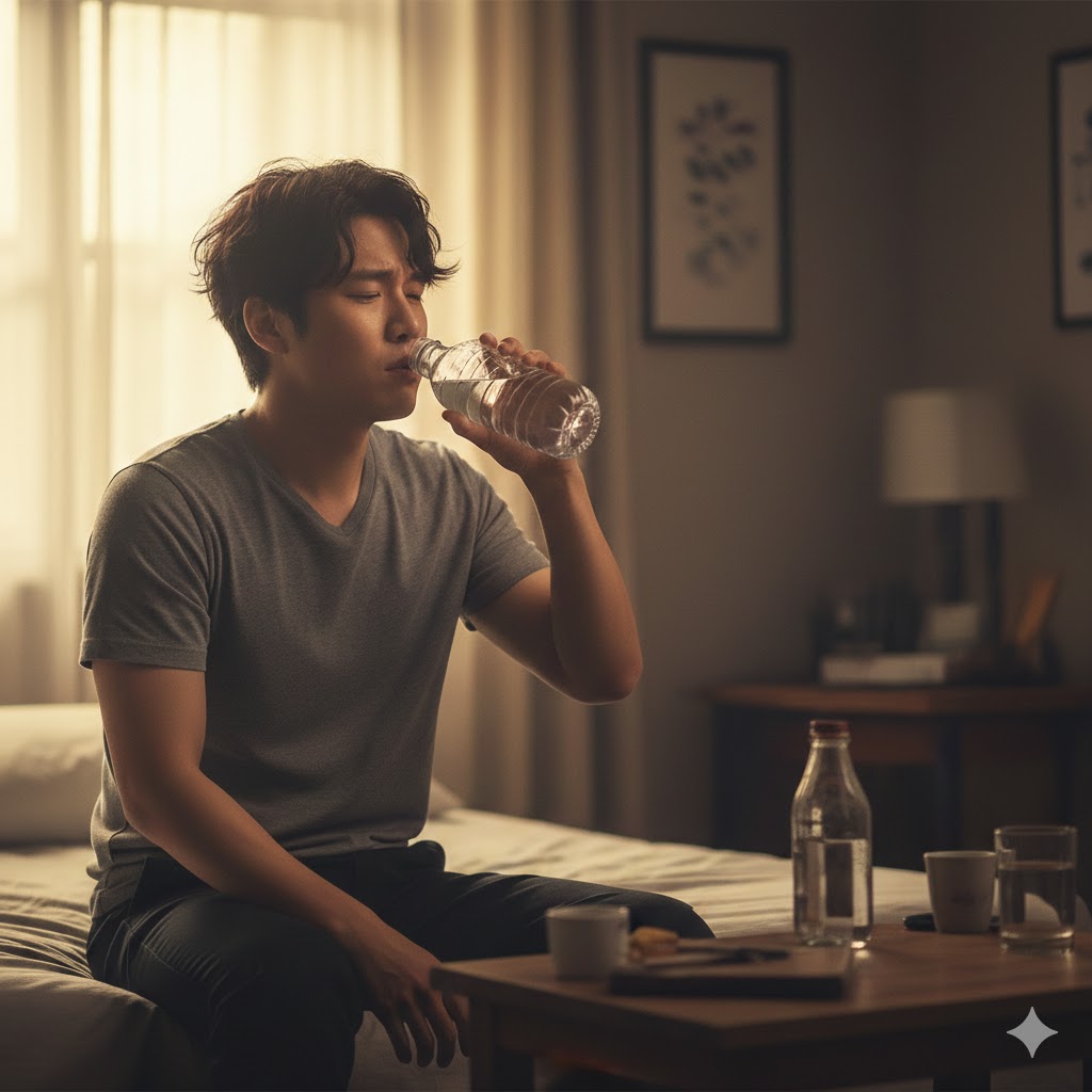 술 마신 다음 날 침대 옆에 놓인 물병을 절박하게 들이키는 남성