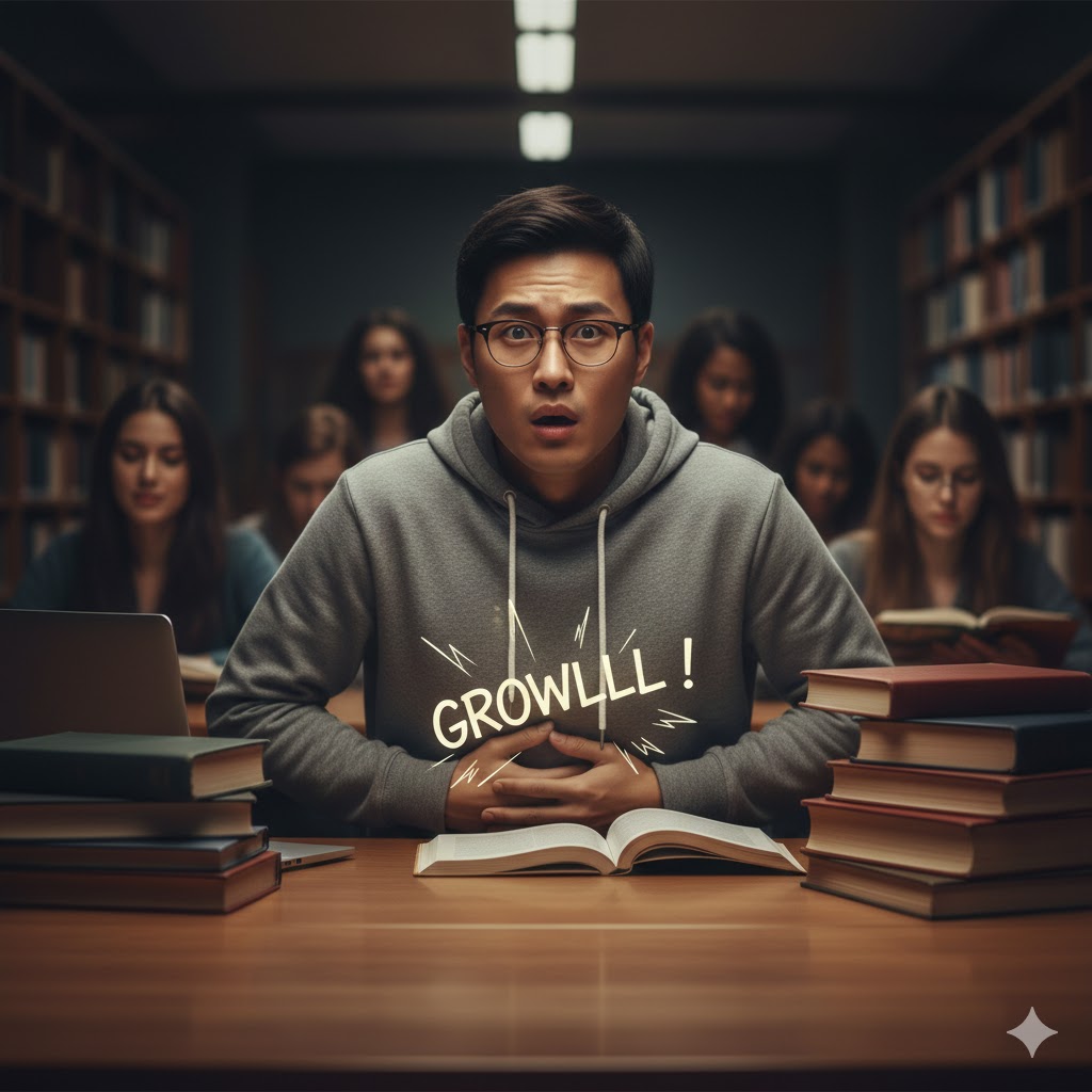 조용한 공간에서 갑자기 배소리가 크게 나자 당황하며 배를 움켜쥐는 사람의 모습