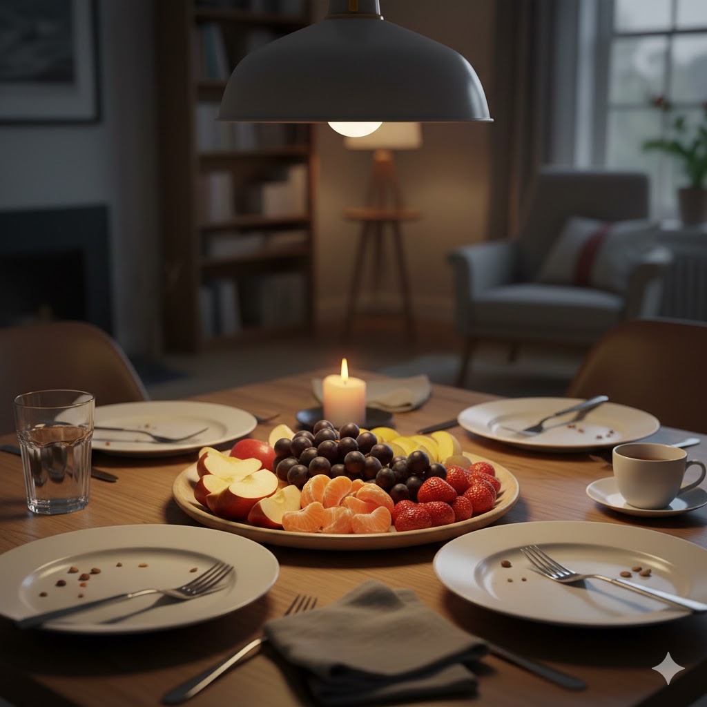 식사 후 테이블 위에 놓인 과일 접시 이미지