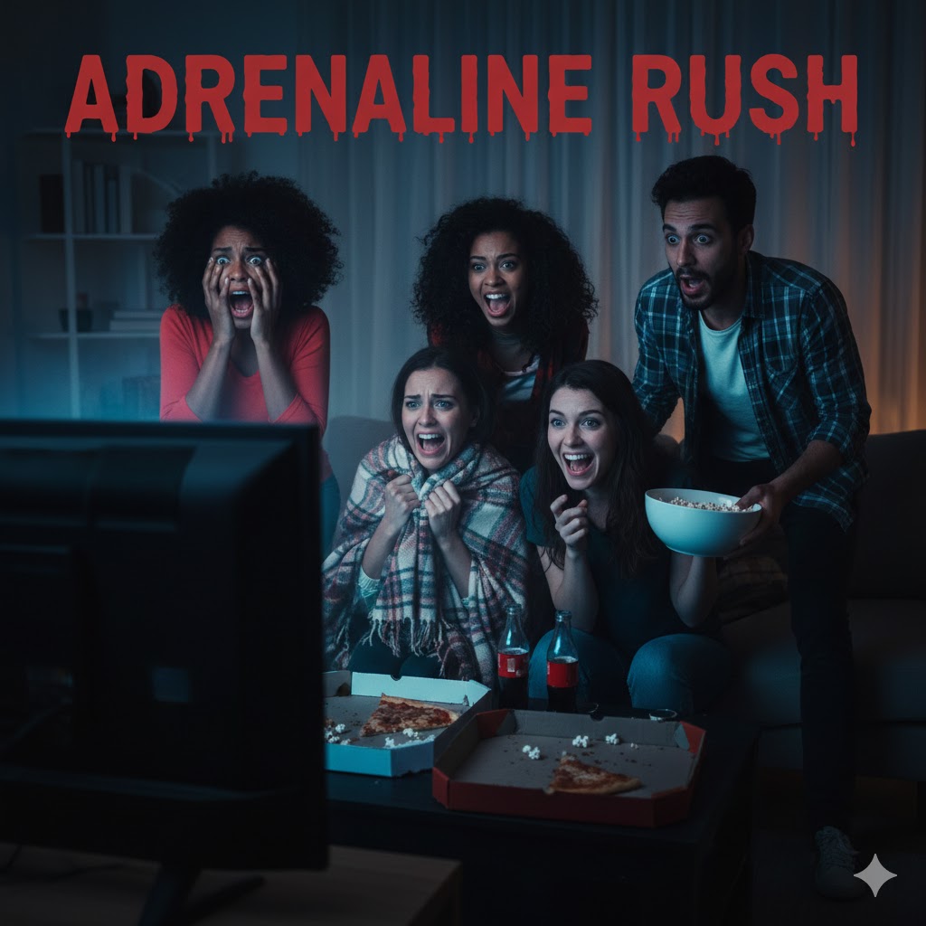 공포 영화를 보며 놀란 표정을 짓고 있는 사람들과 아드레날린 분비