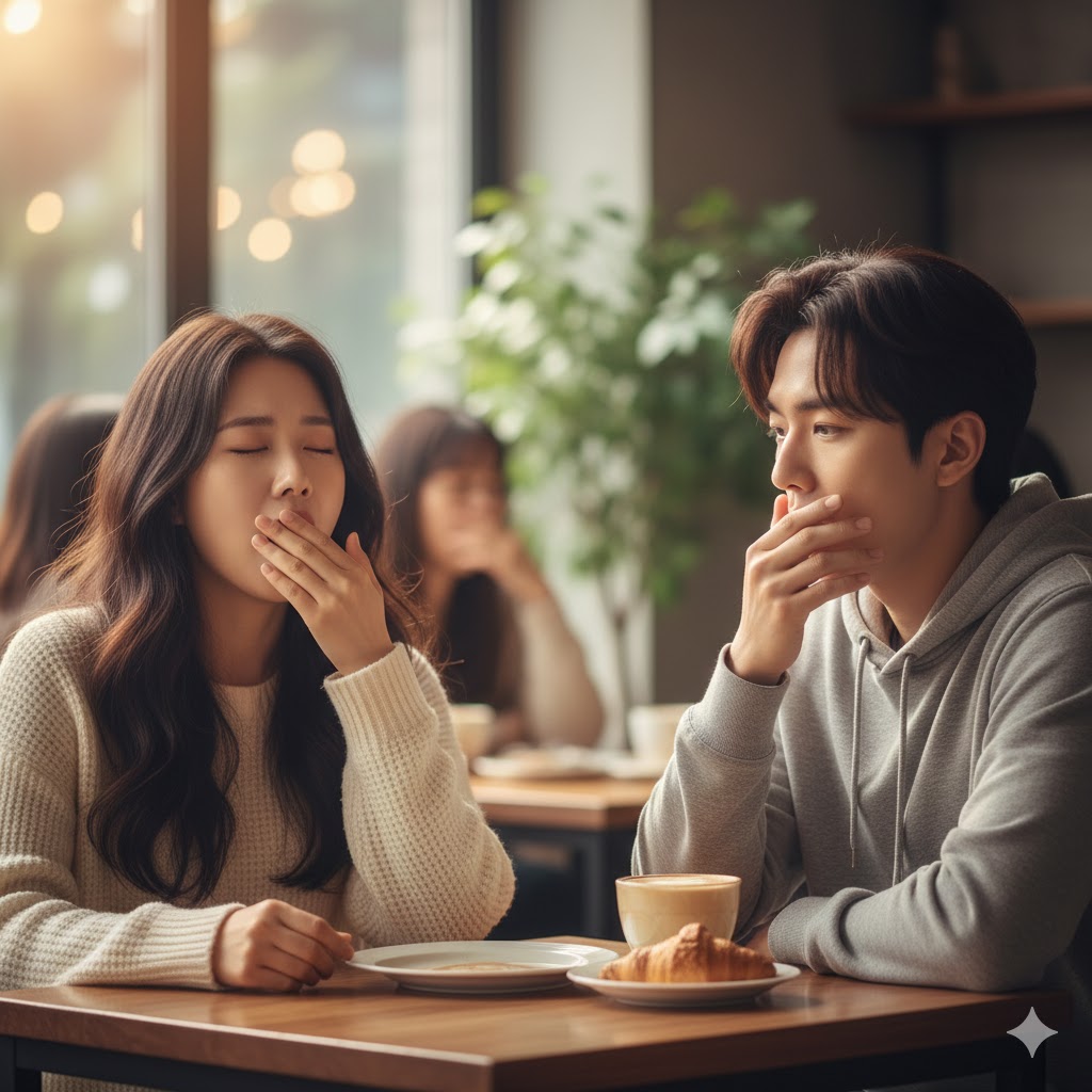 카페에 앉아 있는 두 사람 중 한 명이 하품을 하자 옆 사람도 입을 가리며 하품을 따라 하는 자연스러운 모습