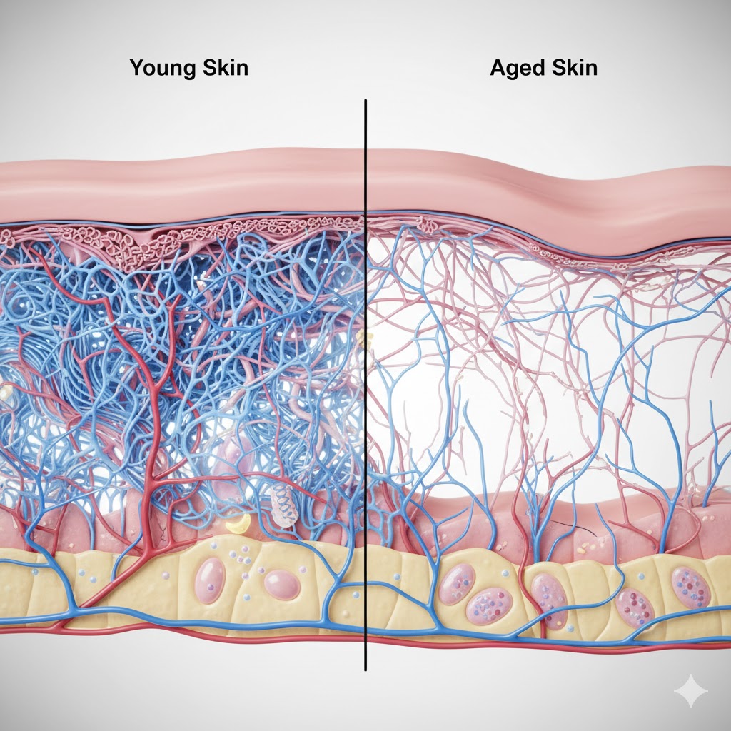 현미경으로 본 피부 조직의 층 구조와 노화에 따른 콜라겐 섬유의 변화를 보여주는 과학적인 이미지