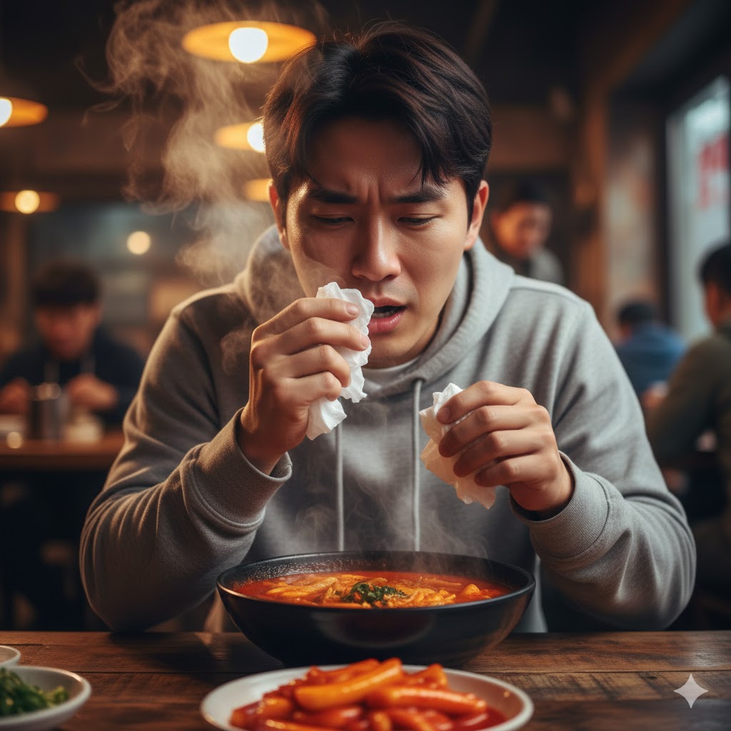 김이 모락모락 나는 매운 짬뽕이나 떡볶이를 먹으며 한 손으로는 휴지로 코를 닦고 있는 남성의 사실적인 모습